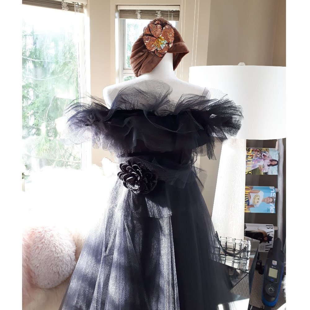 NWOT Imperial Maska Mode black tulle organza tiered ruffle long holiday dress, M - Picture 3 of 15